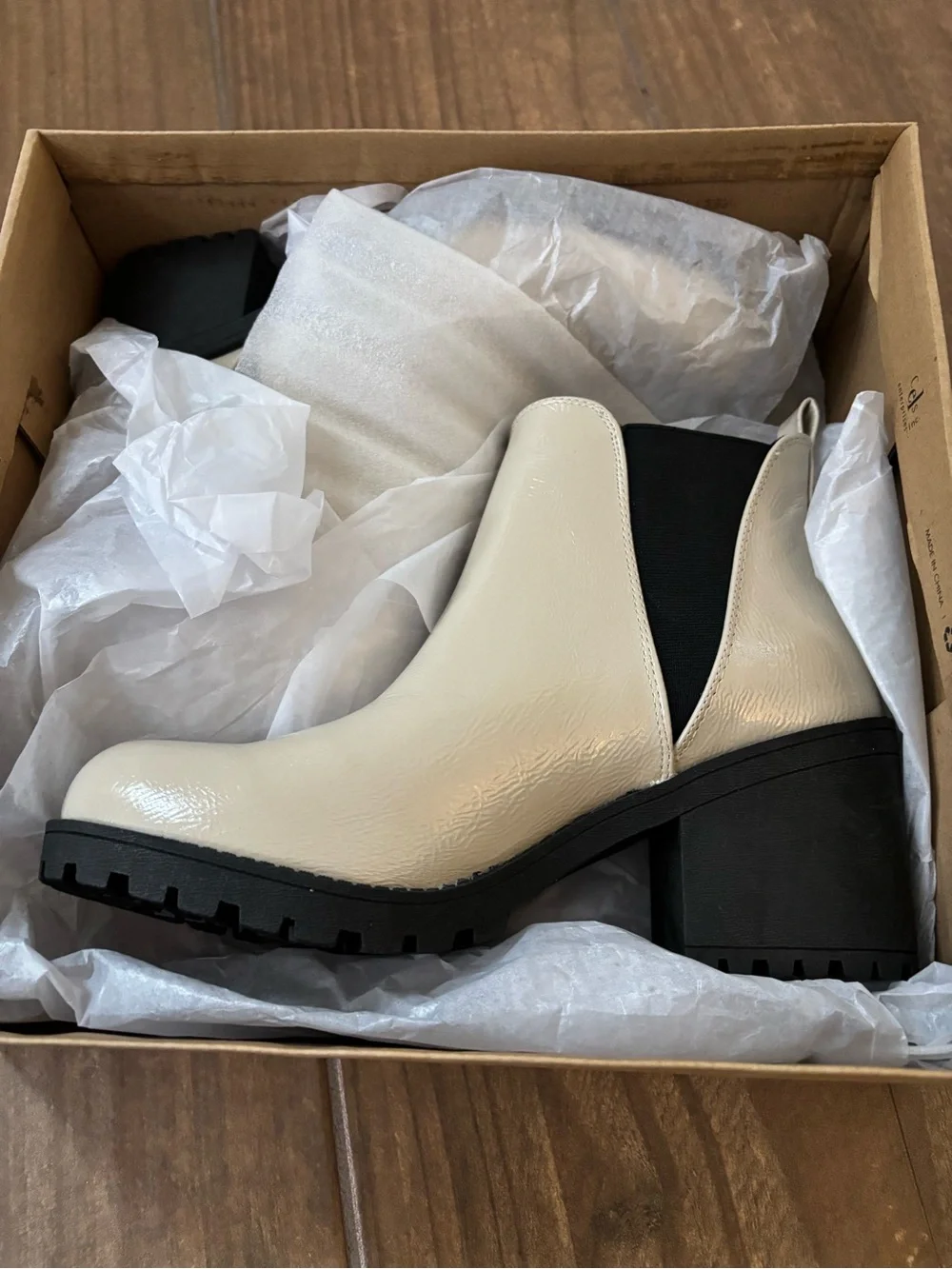Dirty Laundry Cream Patent Chelsea Booties with Black Sole